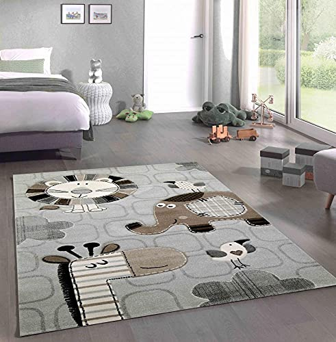 CARPETIA Teppich Kinderzimmerteppich Kinderzimmer Teppich afrikanische Tiere Giraffe Löwe Elefant Vögel Creme grau braun Größe 120 cm Rund