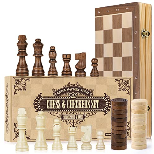 Peradix 2 in 1 Schach und Dame Spiel aus Holz - 38x38CM Klappbar Schachbrett Magnetisch Handgefertigt Schach mit groß Schachfiguren Spielzeug und Geschenk für Kinder