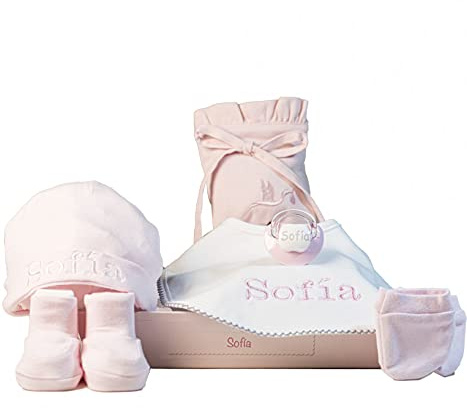 Personalisierter Baumwoll-Schnuller-Set und Lätzchen mit Namen, Neugeborenes, Unisex, Rosa | BebeDeParis