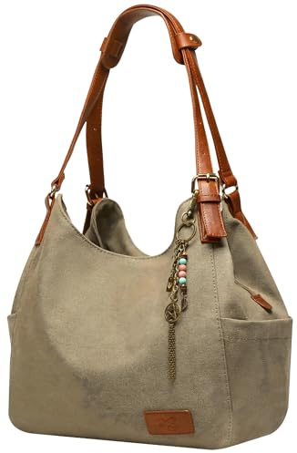 Worldlyda Women Canvas Hobo Purse Multi Pocket Tote Shopper Shoulder Bag Casual Top Handle handbag with Embroidery Ethnic BE06Army Green
