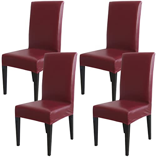 Qubjus Esstisch Stuhl Abdeckungen, solide Pu Leder wasserdicht ölfest Stretch Esstisch Stuhl Protector Cover Slipcover (Wein Rot, 4 Pack)