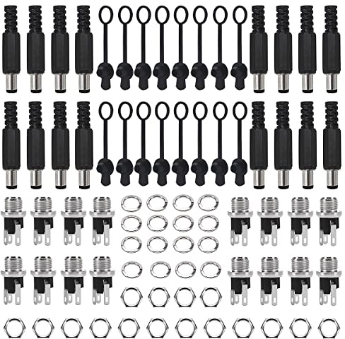 VooGenzek 80 PCS DC Plug & Socket Kit, 5.5 x 2.5 mm, 5.5 x 2.1 mm DC Hane Hane Power Plug Löd Strömuttag Adapterkontakt + Gummiskyddslock för Ljud/Video/Telefon/CCTV