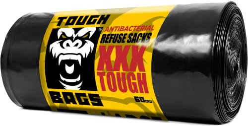 TOUGH BAGS Antibacterial Large Refuse Sacks - 80 x 100cm 60 μm, 10 Bag Roll - XXX Tough & Strong Bin Liners Bin Bags - Perfect for Domestic, Commercial and Industrial Environments.