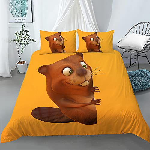 NDXRWDZR Housse de Couette 200x200 cm Adolescent Castor Jaune Parure de Lit 2 Personnes avec Fermeture Éclair Doux Respirant Microfibre Housse de Couette et 2 Taie d'oreiller 65x65 cm