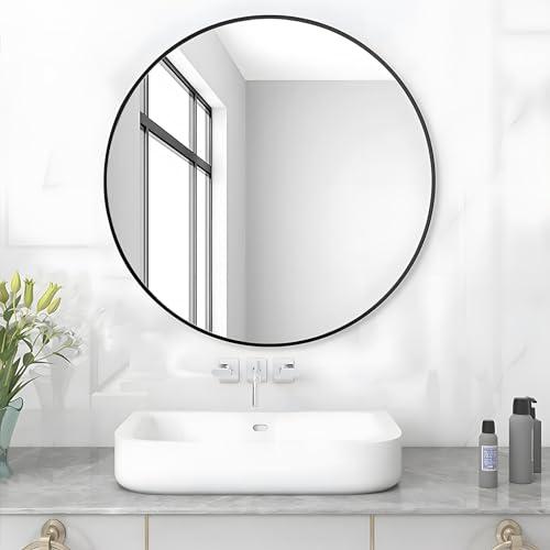 MEESALISA Lisa Specchio da bagno rotondo senza illuminazione, colore nero, 50 cm, con telaio in metallo nero opaco, specchio decorativo, bordo nero