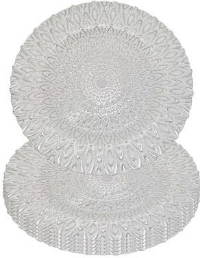 WedDecor 13 Silver Glass Charger Plate with Peacock Design, 6pcs | Centerpiece Polypropylene Presentation Plate Set Dinner Table Decorations Weddings Christmas Dining Parties Tableware