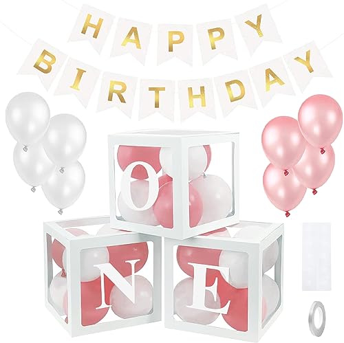THATSRAD 1. Geburtstagsdeko Mädchen Geburtstag Ballon Box 3Pcs Transparente Ballon Boxen Luftballon Box mit 24 Rosa Weiß Luftballons Baby Shower Box Deko für babyparty 1.Geburtstag Babyshowerparty