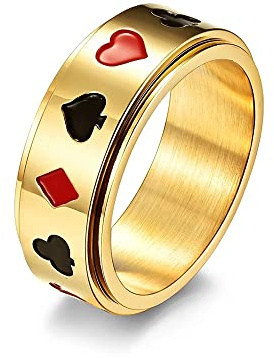 BlackAmazement 316L Edelstahl Ring Drehring Spinner Karten Farben Poker Zocker Pik Kreuz Karo Herz silber rot schwarz gold Herren (Gold, 65 (20,7))