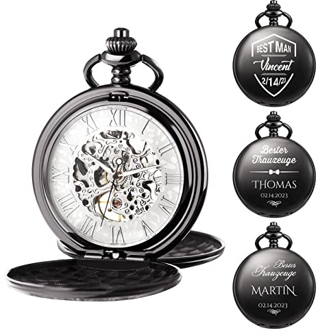 TREEWETO Herren Taschenuhr Personalisiert Gravur Taschenuhr mit Kette Klassische Jahrgang Mechanische Geschenke Geschenk zum Hochzeit Trauzeugen Bräutigam Bester Mann