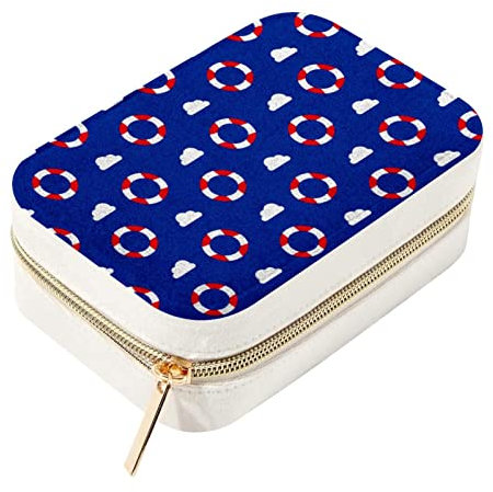 RODAILYCAY Blaue Rettungsring-Samt-Schmuck-Organizer-Box, tragbare Reise-Schmuck-Aufbewahrungsbox mit Reißverschluss, ideal für verschiedene Anlässe