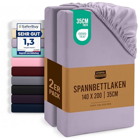 Utopia Bedding Set med 2 Dra-på-lakan, 35 cm djupa, OEKO-TEX-certifierad, lättskött mjuk borstad mikrofiber, krymp- och blekningsbeständiga (140 x 200 cm, Lavendel)