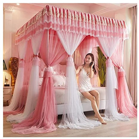 MIDUNU Ecken Pfosten-Himmelbett-Vorhang, Prinzessin, bestickte Spitze, Rüschen, Betthimmel, Betthimmel-Vorhang für Mädchen und Erwachsene, Doppellagiges, durchsichtiges Mesh-Moskitonetz (
