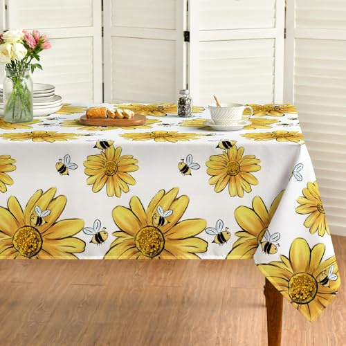 Horaldaily Summer Tablecloth 60×84 Inch, Yellow Sunflower Bumble Bee White Fall Washable Table Cover for Party Picnic Dinner Decor
