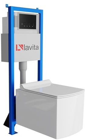 Lavita LAV 101 Vorwandelement für WC 40cm + Wand Hänge Tiefspül WC FAGO Weiß Spülrandlos + Bedienplatte LAV 200.3.4 Schwarz | Komplettset | Unterputz Spülkasten | Toilette Komplett Sett