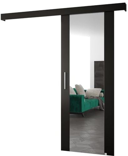 ABIKSMEBLE Salwador 2 Système de Porte Coulissante avec un Cache Rail et Miroir - Portes Coulissantes Murales Intérieures - Construction Solide - 90x204cm - Noir Noir Argent