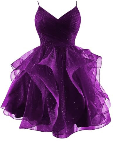 Abito Corto da Ballo in Tulle Glitterato - Spalline Sottili, Scollo A V, Volant - Cocktail Gonfio per Adolescenti Homecoming - Plum XS