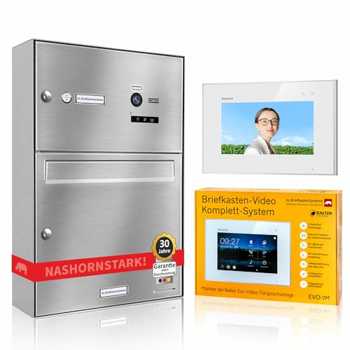 AL Briefkastensysteme Edelstahl Briefkasten mit Videosprechanlage 1 Familienhaus Komplettsystem Balter EVO 7M - Briefkasten Edelstahl V2A Aufputz Wandmontage inkl. Klingel mit Kamera und Monitor