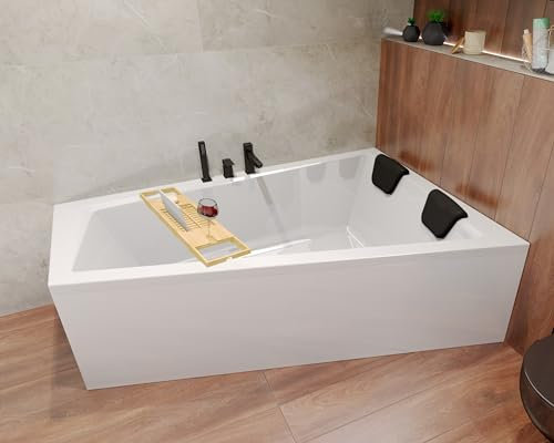 BADLAND Badewanne Original Weiß Acryl Wanne Eckbadewanne INTIMA 150x85 Rechts KOMPLETTSET SET + Bambus Ablage + Füßen und Exklusive Chrom Automatik Ablaufgarnitur Made in EU 4in1