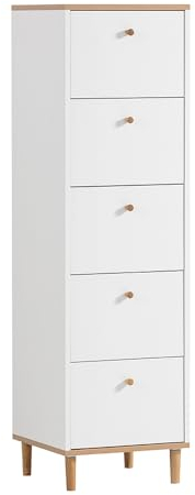 Lomadox Schubladenschrank in weiß matt mit Eiche Schrank Schubladenkommode Schubkastenschrank Hochschrank Schmaler Schrank