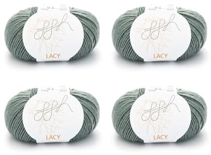ggh Lacy Set | 4x25g (insgesamt 100g) Set| 150m/25g Merinowolle mit Seide zum Stricken | Farbe 009 - Grüngrau