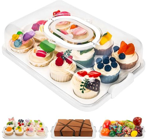 NPLUX Cupcake Containers with Lid Rectangular Cake Carrier 3-in-1 Multipurpose Cupcake Holder for Muffins Pies Sweets Pastries Fruit or Snacks (White, 13 x 9 x 4)