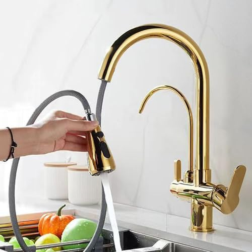 3 Way Kitchen Tap with Pull Out Sprayer, Kitchen Sink Tap Gold 3 in 1 Kitchen Tap Swivel Brass 3 Way Kitchen Mixer Tap-Gold