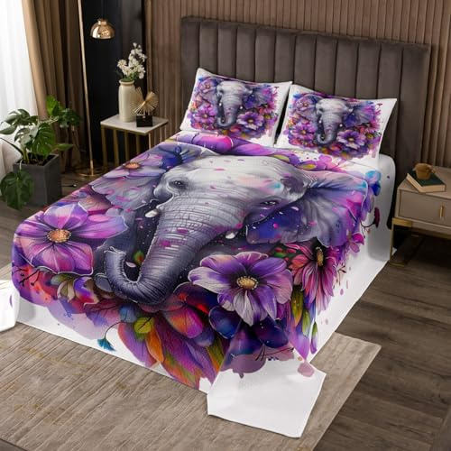 Manfei Colcha infantil de elefante, tamaño doble, juego de colcha de flores de acuarela para niños, niñas y adultos, decoración de dormitorio, colcha acolchada con 2 fundas de almohada, edredón de