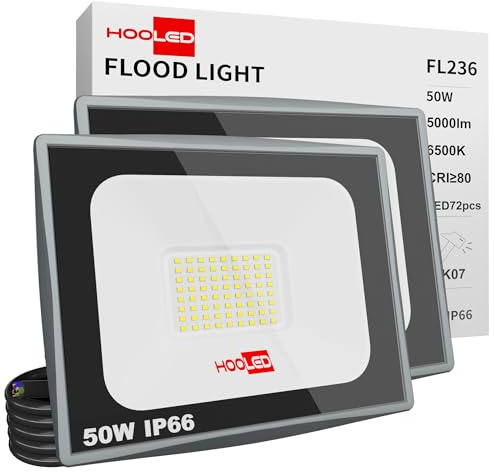 HOOLED LED-spotlight utomhus, 50 W, 100 W, 200 W, IP65, vattentät, energieffektiv, perfekt för trädgård, gård och garage, hög ljusstyrka och enkel installation (50 W, 2)
