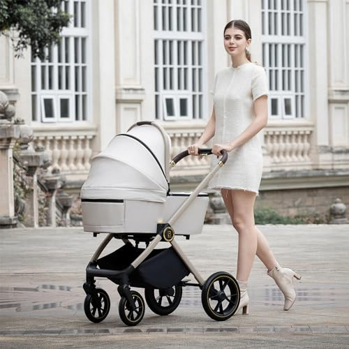 Babymore Kai Pram Pushchair - Safety Tested Baby Pram Travel System with All Accessories, Flip and Fold System in Sandstone, Both Forward and Rearward-Facing, 0-4 Years | Up to 22 Kg
