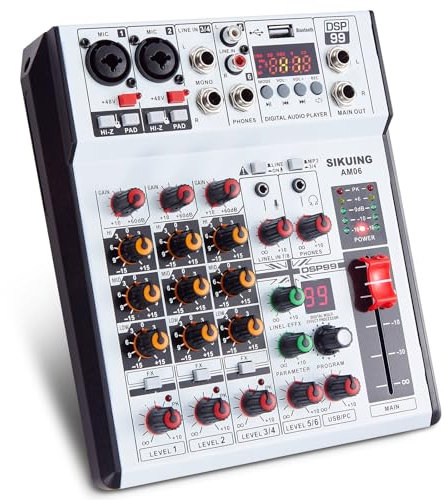 SIKUING Mixer audio a 6 canali Console audio professionale con 99 effetti DSP Alimentazione Phantom 48 V Interfaccia USB Bluetooth Scheda mixer DJ stereo per Karaoke Performance dal vivo DJ Stage