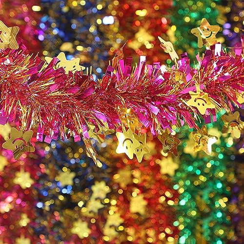 1 Stück Lametta Girlande Weihnachten,Metallic Garland Glitzernde Hängende Dekoration,Weihnachtsgirlande,Folien Girlande für Christbaumschmuck Advents- und Weihnachtsdeko,Rosenrote Sterne,1.7m x 10 cm