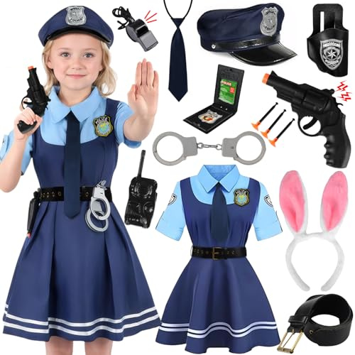 Disfraz Policia Niño, Disfraz Policia Niña Disfraz de Policia Niño,con Police Costume Placa Policia Esposas Walkie Talkie Juguete para Halloween Carnaval Disfraces Policía Juego Rol Niña (110-120CM)