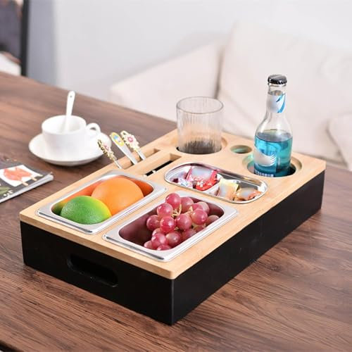 Couchbar Snackbox aus Bambus Personalisierbar inkl. Geschenkbox | Sofa Tablett mit 2 Snackschalen, 2 Getränkehalter mit Untersetzer, magnetischer Deckel, Handyhalterung (A)