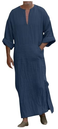 RUMAOZIA Abbigliamento Arabo Uomo Caftano Cotone Scollo A V Caftano Manica Corta Robe Moda Tunica Camicia Da Notte Vestito Da Preghiera Uomini Thobe Arabia Saudita Abbigliamento Etnico Ramadan, M