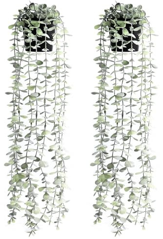 MCTNCT 2 Stück Künstliche Hängepflanzen mit Töpfen, Eukalyptus Hängepflanze Künstlich, Kunsthängepflanze, Kunstpflanzen wie Echt für Zimmer, Schlafzimmer, Regal, Wand, Bücherregal