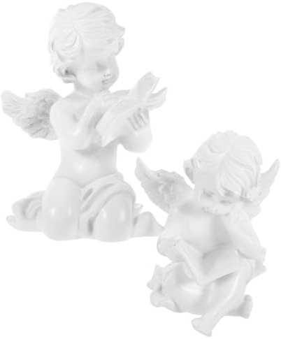 MAGICLULU Engelsfiguren Schöne und Niedliche aus Kunstharz 2 Stück mit Flachem Boden Desktop Engelskulptur und Muttertag für Gartendekor