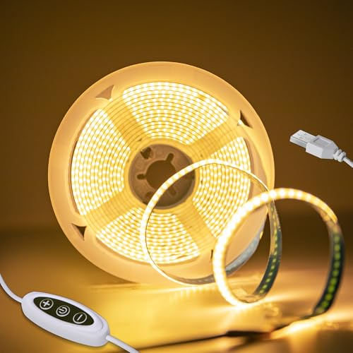 COB LED Strip Lights 3M (9.84ft), USB Powered 5V Flexible Light Strip 8mm Wide, Warm White 3000K, Dimmable, CRI90+, Dotless 320 LEDs/M, TV Backlight for Bedroom Kitchen Under Cabinet Home Decor