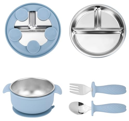 lasuroa Ensemble de 4 Assiettes pour Bébé en Acier Inoxydable, Comprenant 1 Assiette Compartimentée avec Ventouse, 1 Bol à Double Poignée, 1 Fourchette et 1 Cuillère Plateaux de Service Collations