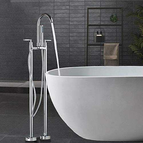 Vasca da Bagno con Doppie Maniglie, Montaggio a Pavimento, autoportante, Cromato Lucido, lavabo da appoggio, Set Doccia in Ottone, Rubinetto Miscelatore