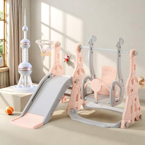 4-in-1 Kinder Rutsche,ab 1~6 Jahr Rutsche Outdoor und Indoor mit Schaukel und Basketballkorb,Klettern,Babyrutsche,Gartenrutsche(Rosa-1)