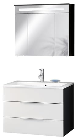 FACKELMANN Kara 3-teiliges Möbel-Set in Anthrazit und Weiß – Modernes Set mit Waschtischunterschrank, LED-Spiegelschrank und Gussmarmorbecken – Made in Germany
