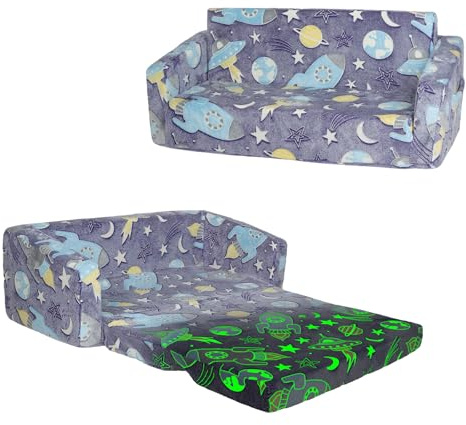 Pieghevole Divano Bambini 2-in-1, Poltroncina per Bambini Trasformabile in Lettino per Regalo Bambino,Stabile Sedia si illumina al Buio Camere da Letto, Soggiorno e Stanza per i Giochi,Razzo