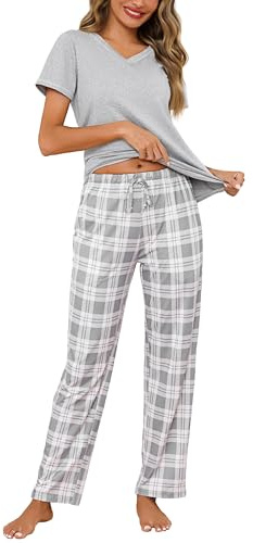 Bresdk Pyjama Femme Coton Ensembles de Pyjamas Courte Manches Longues Carreaux Confortable pour Nuit d'Été et d'hiver Élégante et Confortable