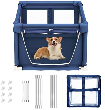 Welpenlaufstall 90x90x66 cm mit Tor, Hundelaufstall für Welpen & Kleinhunde, Haustier Laufstall aus Edelstahlrohren & verdicktem Stoff, Sicherheitsgehege für Katzen & Kleintiere, Blau