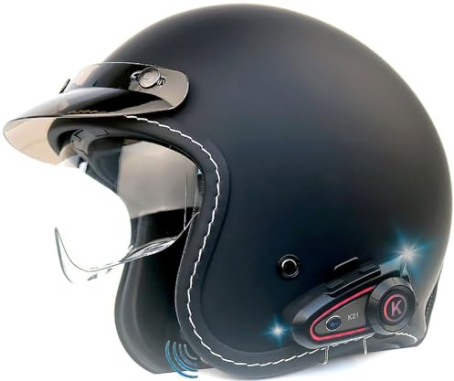 Bluetooth Casco Moto Jet Con Visiera Parasole Casco A Scodella Retrò Moto Mezzo Casco Omologato DOT/ECE Caschi Ciclomotore 3/4 Casco Moto Aperto Per Uomini E Donne Adulti 1,XL=61-62CM