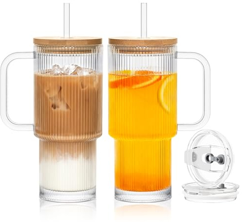 SoulTimes 24oz Ribbed Glass Tumbler with Handle and Bamboo Lid, Set of 2 Glass Cups with Lids and Straws for Coffee, Tea, Juice and Smoothies, Reusable Iced Coffee Cups Includes 2 Sealed Plastic Lids