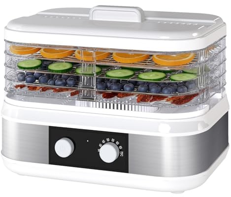 Spector Compact 5-Tray Food Dehydrator, 450W Stainless Steel Dryer with Adjustable Height Trays, 35°C-70°C Adjustable Thermostat for Jerky, Fruit, Herbs, Yogurt, Pet Treats, White