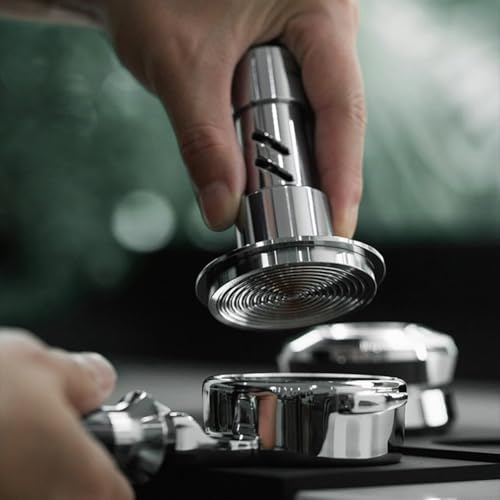 Stainless steel manual coffee tamper with magnetic centering rings for 51 53 58mm portafilters and spring loaded mechanism calibrated 25 30lb tamping force (51mm)