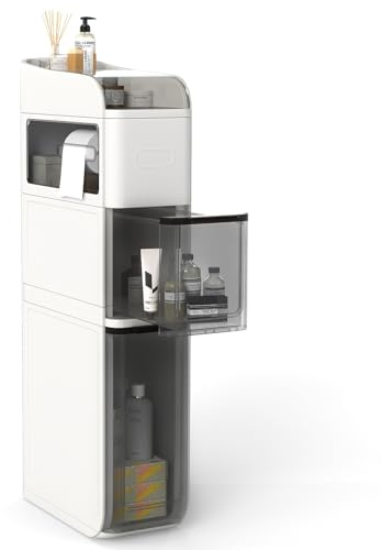 GOPLUS Meuble Salle de Bain Étroit, Armoire d'angle à roulettes avec Tiroirs Transparents, Porte-Papier Toilette, Rangement Latérale pour Salle de Bain Salon Cuisine, 18x43x88cm (Blanc)
