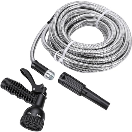 Pssopp Tubo da Giardino da 50 Piedi, Tubo da Giardino Flessibile per Acqua con Ugello Spruzzatore per Esterno Prato da da 50 Piedi, da Retrattile Automatico in Acciaio Inossidabile da 50 Nan